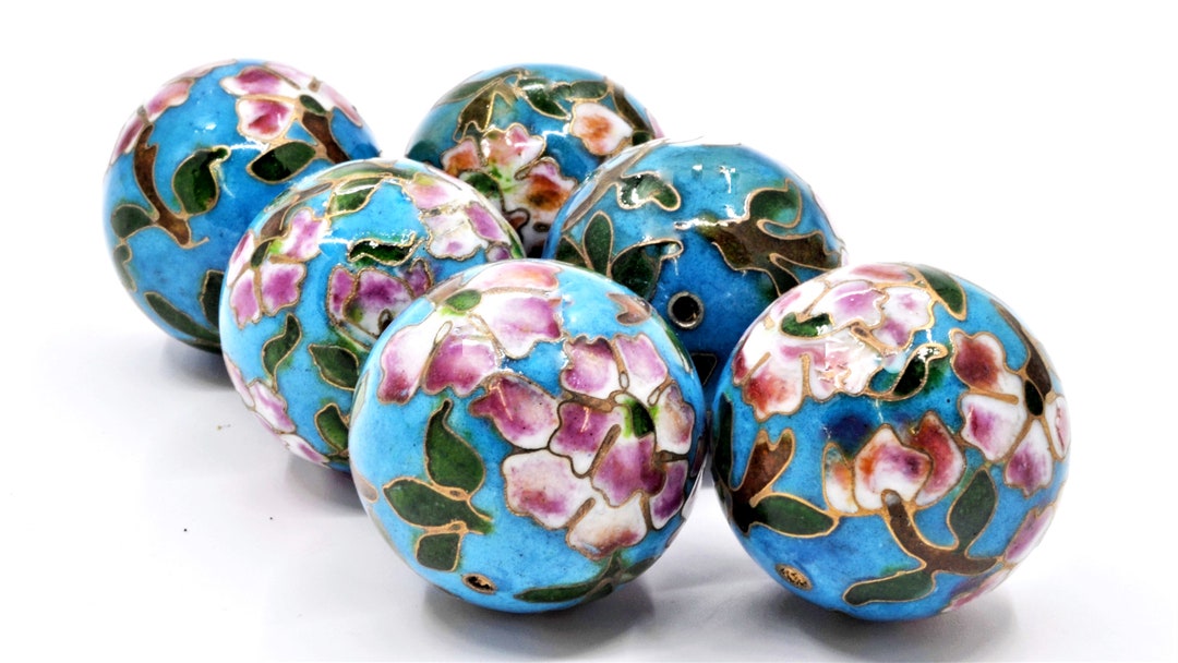 2pc 30 Mm Cloisonne Enamel Beads. Hand Painted Blue Enamel With Floral