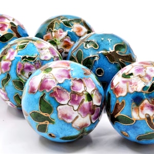 2pc 30 mm Cloisonne Enamel Beads. Hand Painted Blue Enamel with Floral Designs.