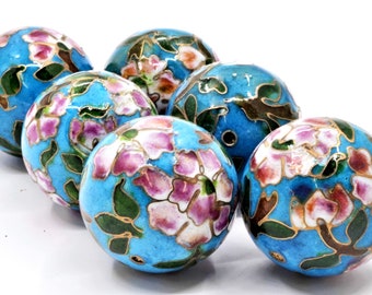 2pc 30 mm Cloisonne Enamel Beads. Hand Painted Blue Enamel with Floral Designs.