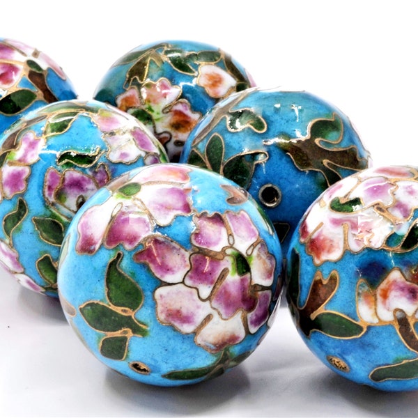 2pc 30 mm Cloisonne Enamel Beads. Hand Painted Blue Enamel with Floral Designs.