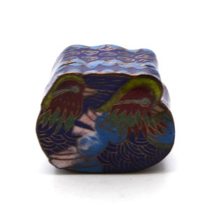 Vintage Cloisonne Unusual Shape Trinket Box. Hand Painted Mandarin Duck Design.