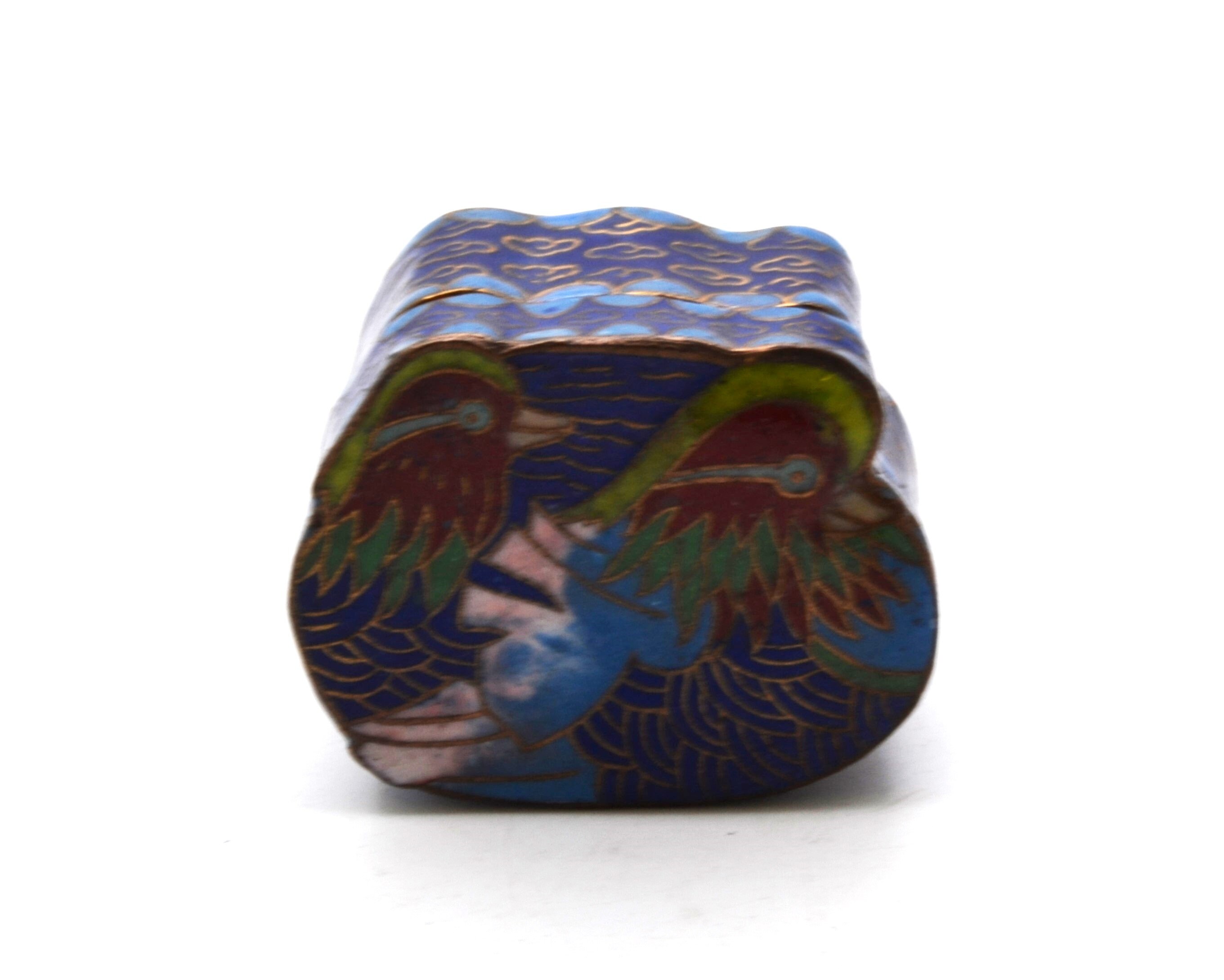 Vintage Cloisonne Unusual Shape Trinket Box. Hand Painted Mandarin Duck Design.