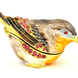 Bejeweled Small Sparrow Bird Trinket Box. Hand Painted Colorful Enamel with Swarovski Crystals.