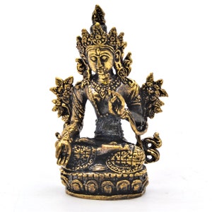 Small Sitting White Tara Statue. Hand Crafted on Brass with Patina. 2 inches Tall. Free Shipping