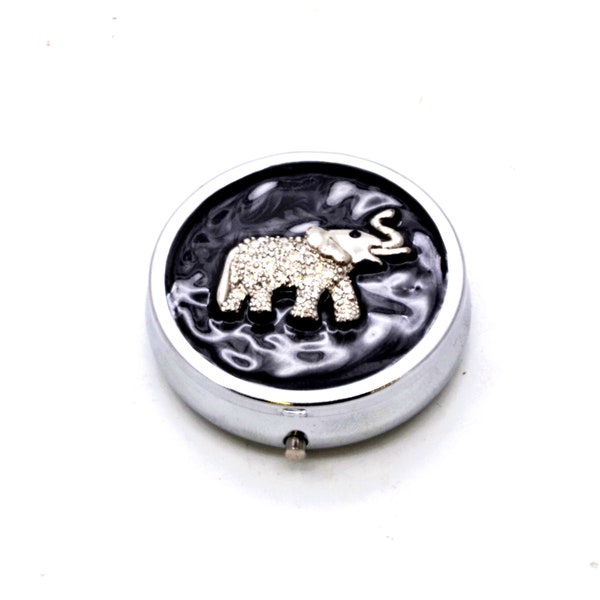 Jeweled Round Pill Box with Elephant Design. Hand Set Swarovski Crystals with 3 Compartment.