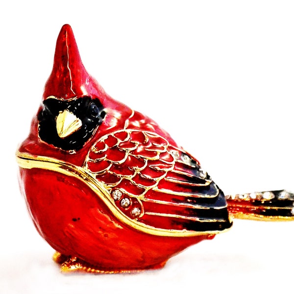 Small Cardinal Trinket Box. Hand Painted Red Enamel with Swarovski Crystals with Gold Plating. Comes with Gift Box & Free Shipping