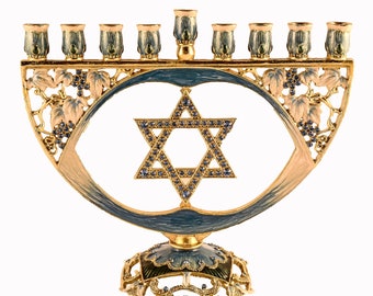 Decorative Menorah with Star of David. Hand Made with Blue Enamel & Swarovski Crystal.