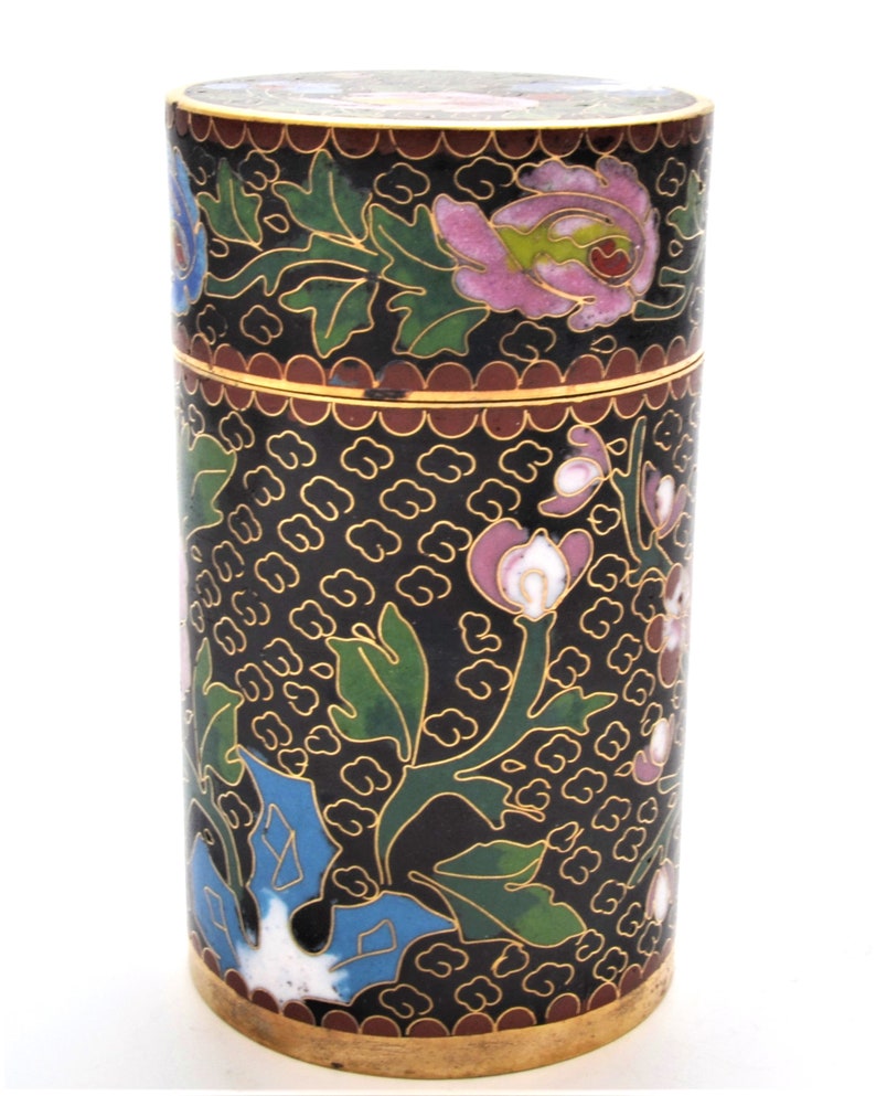 Ciel Collectables Hand Made Cloisonne Tall Cylinder Box with Floral Designs Color Black