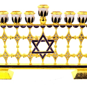 Decorative Menorah with Star of David. Hand Set Swarovski Crystals & Enamel with Gold Plating.