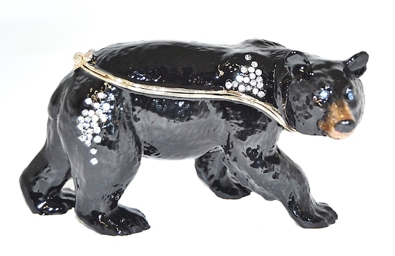 Ciel Black Bear Trinket Box. Hand Set Clear Austrian Crystals with Blue Eyes & Enamel