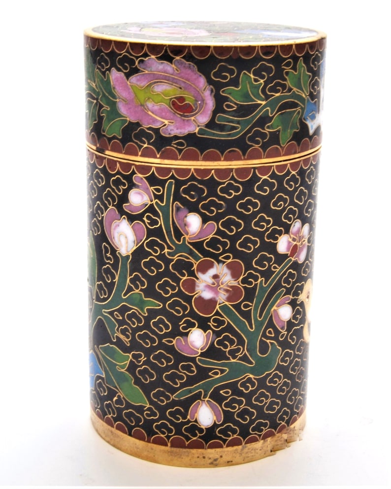 Ciel Collectables Hand Made Cloisonne Tall Cylinder Box with Floral Designs Color Black