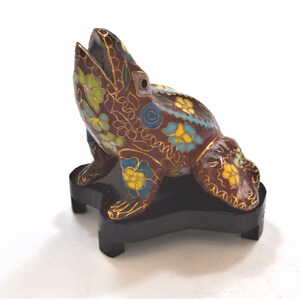 Vintage Cloisonne Frog on Wood Stand. Lovley Floral Pattern. Hand Mady by an Artist. Free Shipping