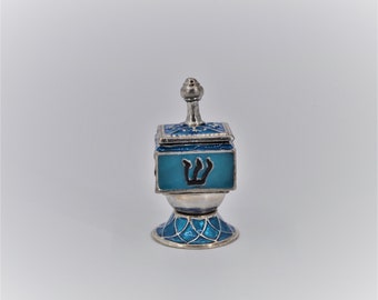 Bejeweled Dreidel Trinket Box on Stand. Hand Painted Blue Enamel with Swarovski Crystals.