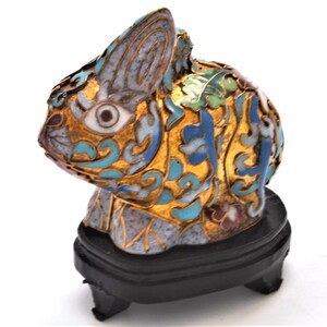 Vintage Chinese Gold Cloisonne Rabbit on Wood Stand. Hand Painted ...