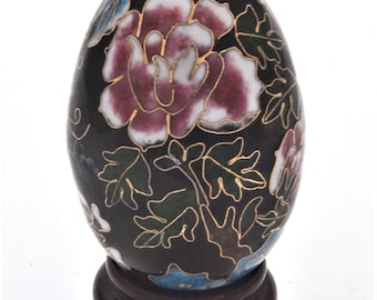 Vintage Cloisonne Egg with Wood Stand. Hand Painted Enamel with Floral Designs. Free Shipping