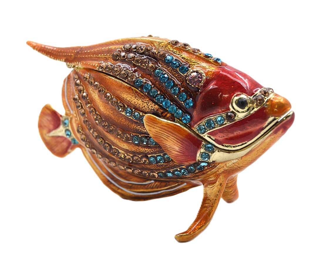 Bejeweled Angel Fish Trinket Box. Hand Painted Colorful Enamel ...