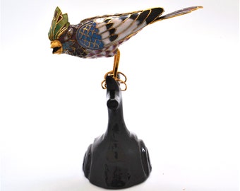 Vintage Chinese Cloisonne Bird on Branch. Hand Painted Lovely Vibrant Enamel