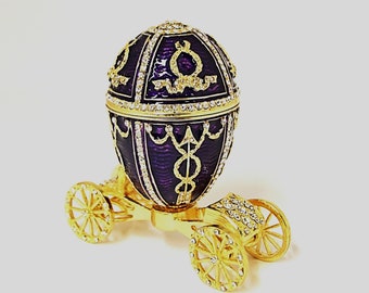 Hand Crafted Egg on Carriage Trinket Box. Hand Set Swarovski Crystals with Purple Enamel