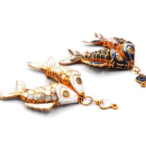 3 Inches Tall Vintage Cloisonne Double Fish. Handmade Articulated Fish Pendant