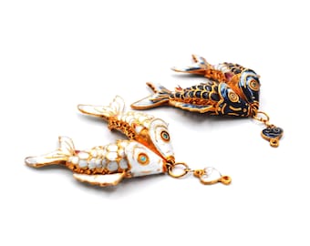 2.5 Inches Tall Vintage Cloisonne Double Fish. Handmade Articulated Fish Pendant