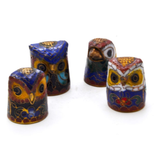 Vintage Cloisonne Set of 4 Owl Thimbles. Handmade with Enamel Unusual Designs. Collectable Item