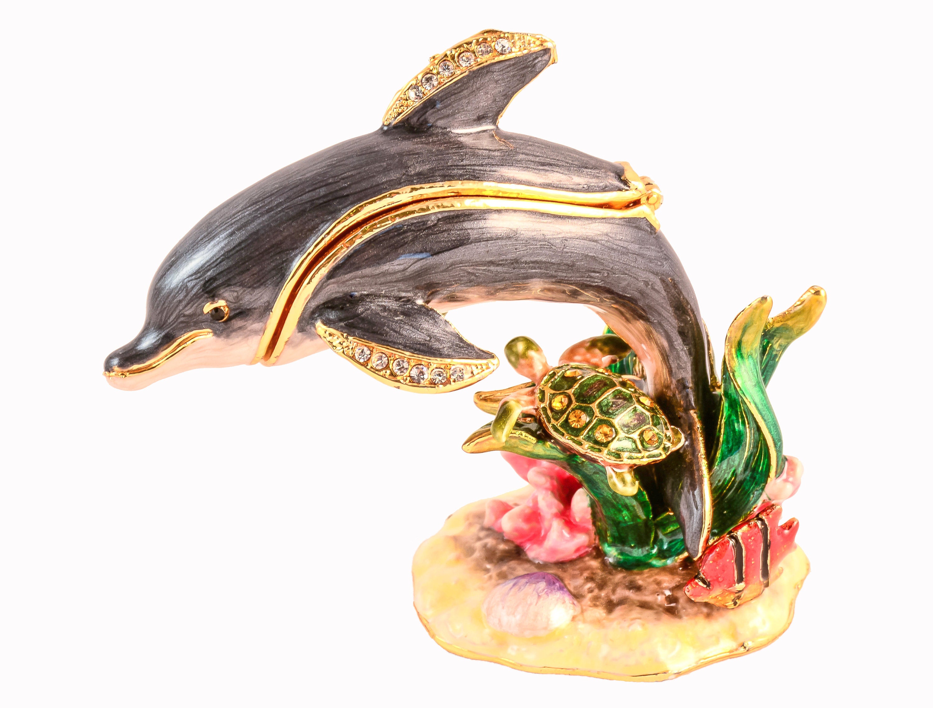 Dolphin様 オーダー ヌック Bejeweled Dolphin With Turtle on Coral Trinket Box. Handmade With