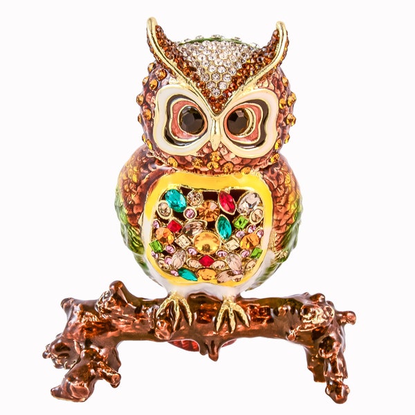 Hand Made Colorful Owl Trinket Box by Ciel. Made with Enamel with Swarovski Crystals & Gold Plating. Free First Class Shipping