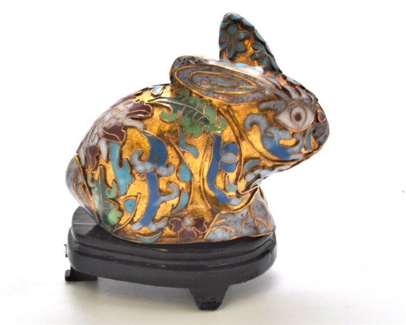 Vintage Chinese Gold Cloisonne Rabbit on Wood Stand. Hand - Etsy