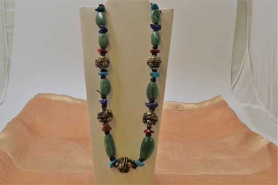 Vintage Handmade Choker with Assorted Gem Stone Beads & Enhanced with Tibetan Silver Beads
