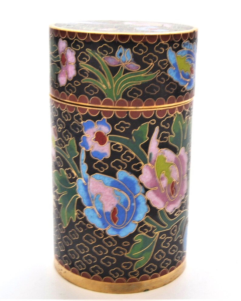 Ciel Collectables Hand Made Cloisonne Tall Cylinder Box with Floral Designs Color Black