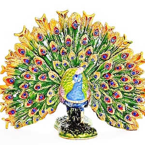 Fan Shape Tail Peacock Trinket Box is Made by Hand with Swarovski Crystals & Colorful Enamel, Gold Plating. Free Shipping