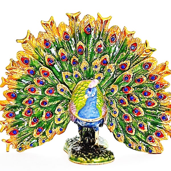 Fan Shape Tail Peacock Trinket Box is Made by Hand with Swarovski Crystals & Colorful Enamel, Gold Plating. Free Shipping