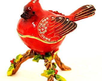 Ciel Collectables Cardinal Sitting on Branch Trinket Box. Hand Set Crystal & Hand Painted Enamel.