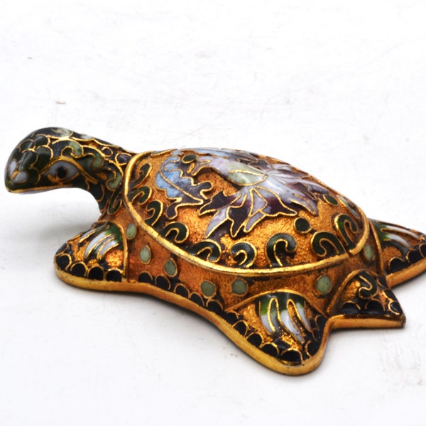Vintage Gold Cloisonne Turtle Figurine. Hand Crafted with Floral Designs. Amazing Details.