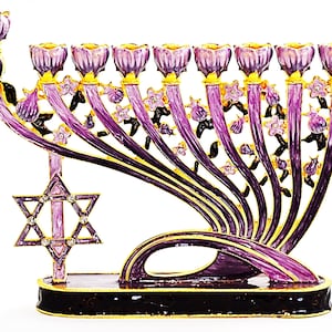 Hand Crafted Jeweled Menorah with Star of David. Made with Swarovski Crystals & Enamel with Gold Plating.