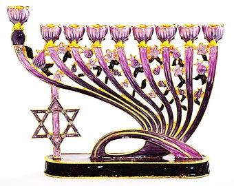 Hand Crafted Jeweled Menorah with Star of David. Made with Swarovski Crystals & Enamel with Gold Plating.