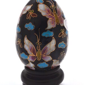 Vintage Cloisonne Egg with Wood Stand. Hand Painted Enamel with Butterflies
