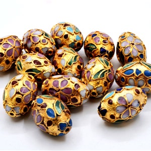 12pc 18 x 12 mm Champleve Gold Cloisonne Beads. Hand Painted Enamel in Floral Pattern