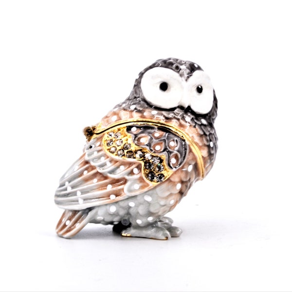 Handmade Snowy Owl Trinket Box by Ciel Collectables. Painted with Enamel & Swarovski Crystals