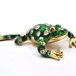 Jeweled Leaping Frog Trinket Box. Hand Set Swarovski Crystals with Green Enamel & Gold Plating.