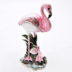 Bejeweled Pink Flamingo Trinket Box. Hand Set Swarovski Crystals & Enamel with Lots of Details.