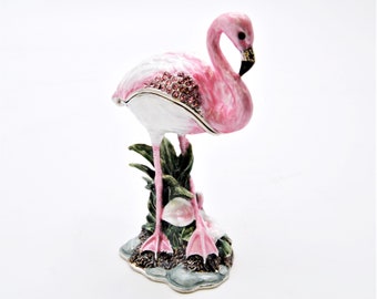 Bejeweled Pink Flamingo Trinket Box. Hand Set Swarovski Crystals & Enamel with Lots of Details.