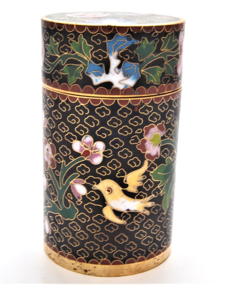 Ciel Collectables Hand Made Cloisonne Tall Cylinder Box with Floral Designs Color Black