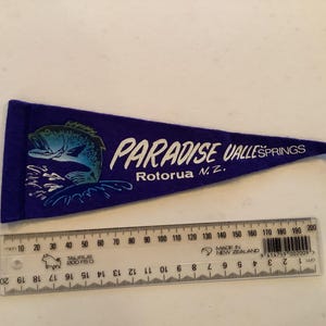 Op de afbeelding: Een blauwe vilten wimpel met de witte tekst "PARADISE VALLESPRINGS Rotorua N.Z.". Links staat een blauwe visafbeelding. Een liniaal ligt eronder. De wimpel is ongeveer 18 cm lang.