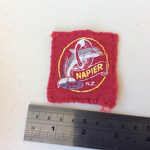 Puede incluir: Parche de fieltro rojo con un círculo amarillo que contiene un delfín blanco, el texto "NAPIER" y "N.Z.".