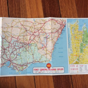 Shell Oil Australië Vintage toeristische kaart. Sydney naar Adelaide benzine circa 1955