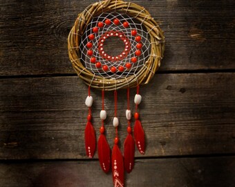 Red dream catcher Dreamcatcher / Willow dream catcher /  Native american Feathers goose/ Traumfänger/ Atrapasueños/