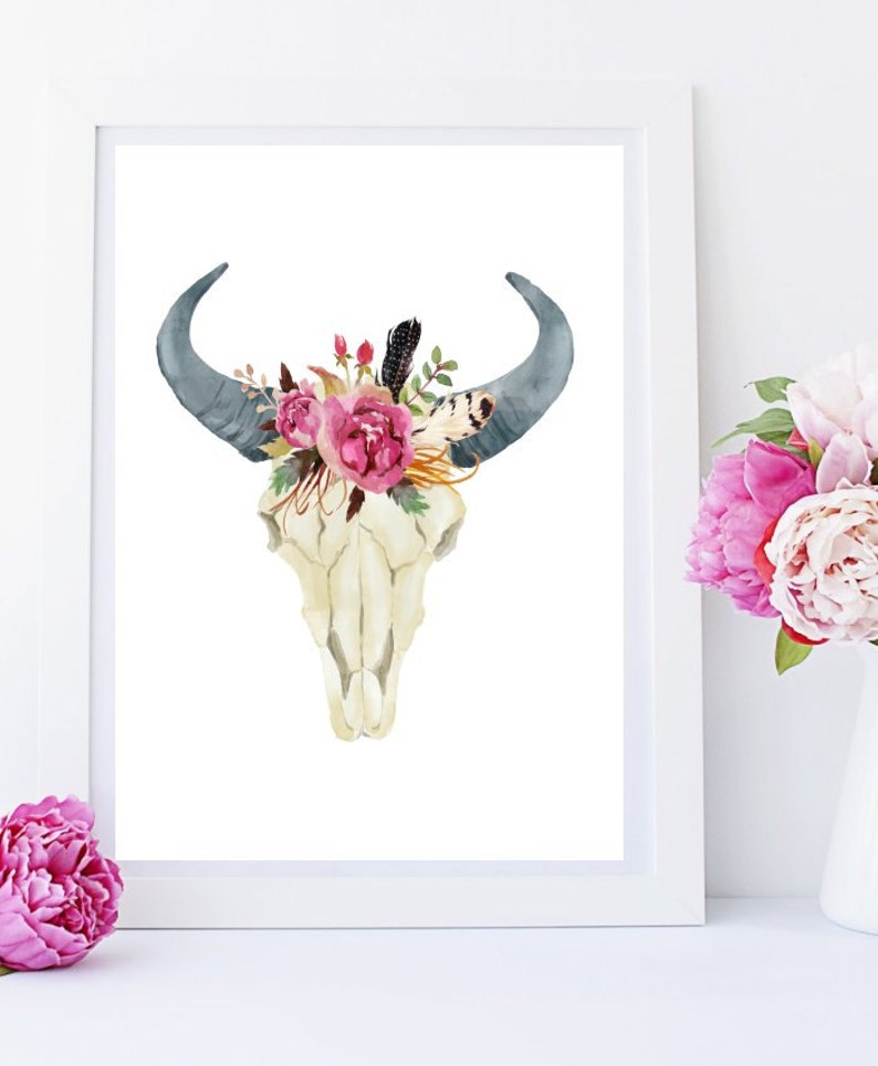 Boho Wall Decor Bull Skull Art Print Instant Download Etsy