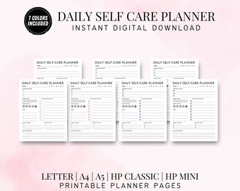 May include: A collection of printable daily self-care planner pages in various colors. The pages include sections for morning and evening routines, self-care activities, and daily affirmations. Text on the image reads: "7 Colors Included" and "Instant Digital Download."