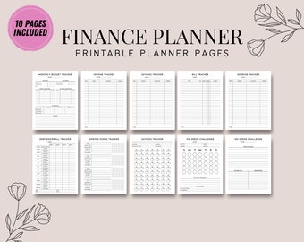 May include: Printable finance planner pages with 10 pages included. The pages include trackers for monthly budget, income, savings, bills, expenses, debt snowball, sinking funds, and no-spend challenges.